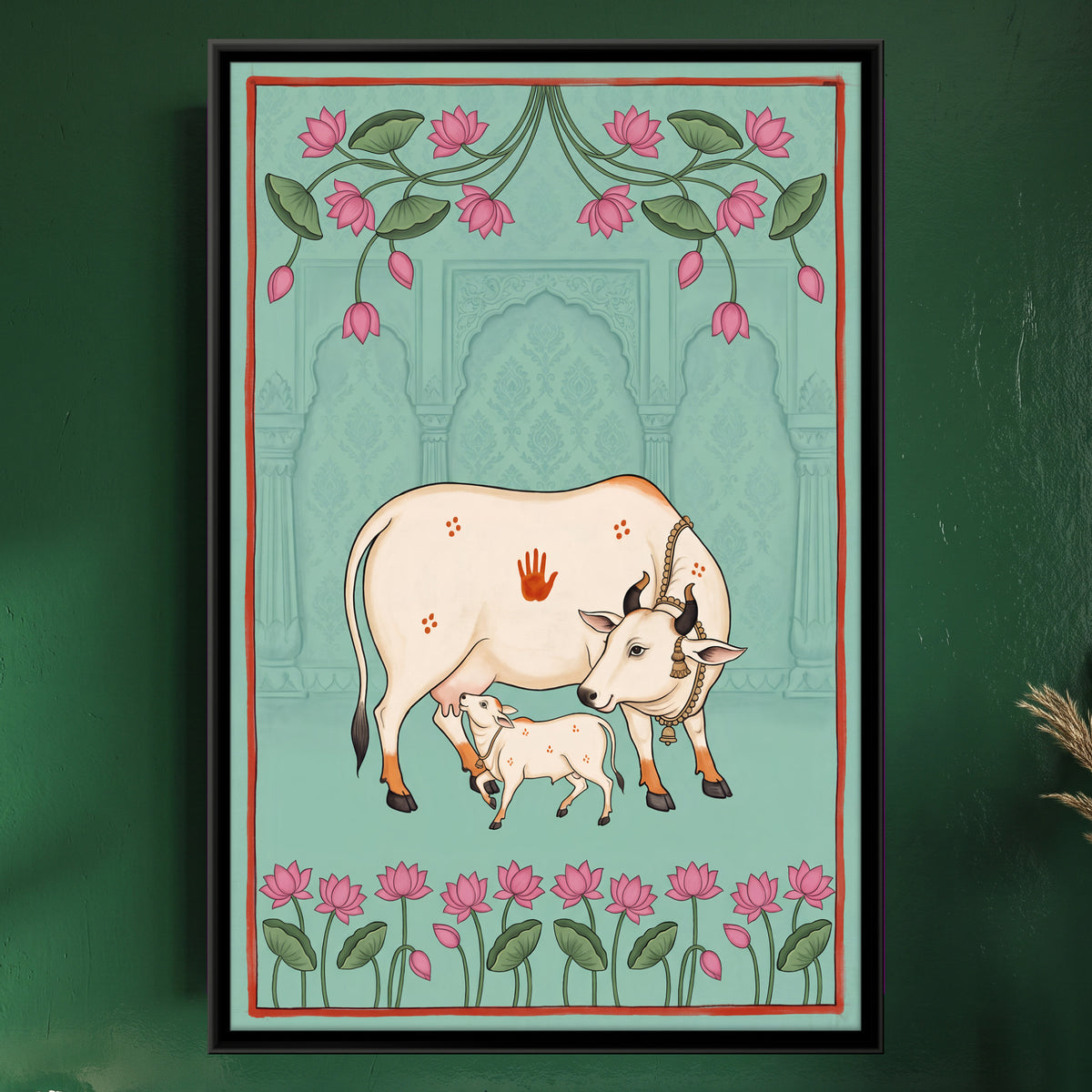 Gau Mata with Calf - framed canvas art hung on a wall