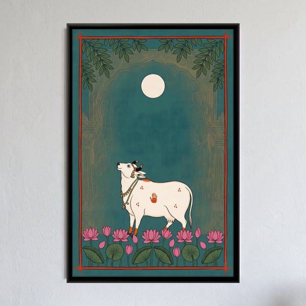 Sharad Purnima - Sacred White Cow Among Lotuses Beneath the Full Moon | Pichwai