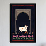 Sacred White Cow in a Lamplit Arch