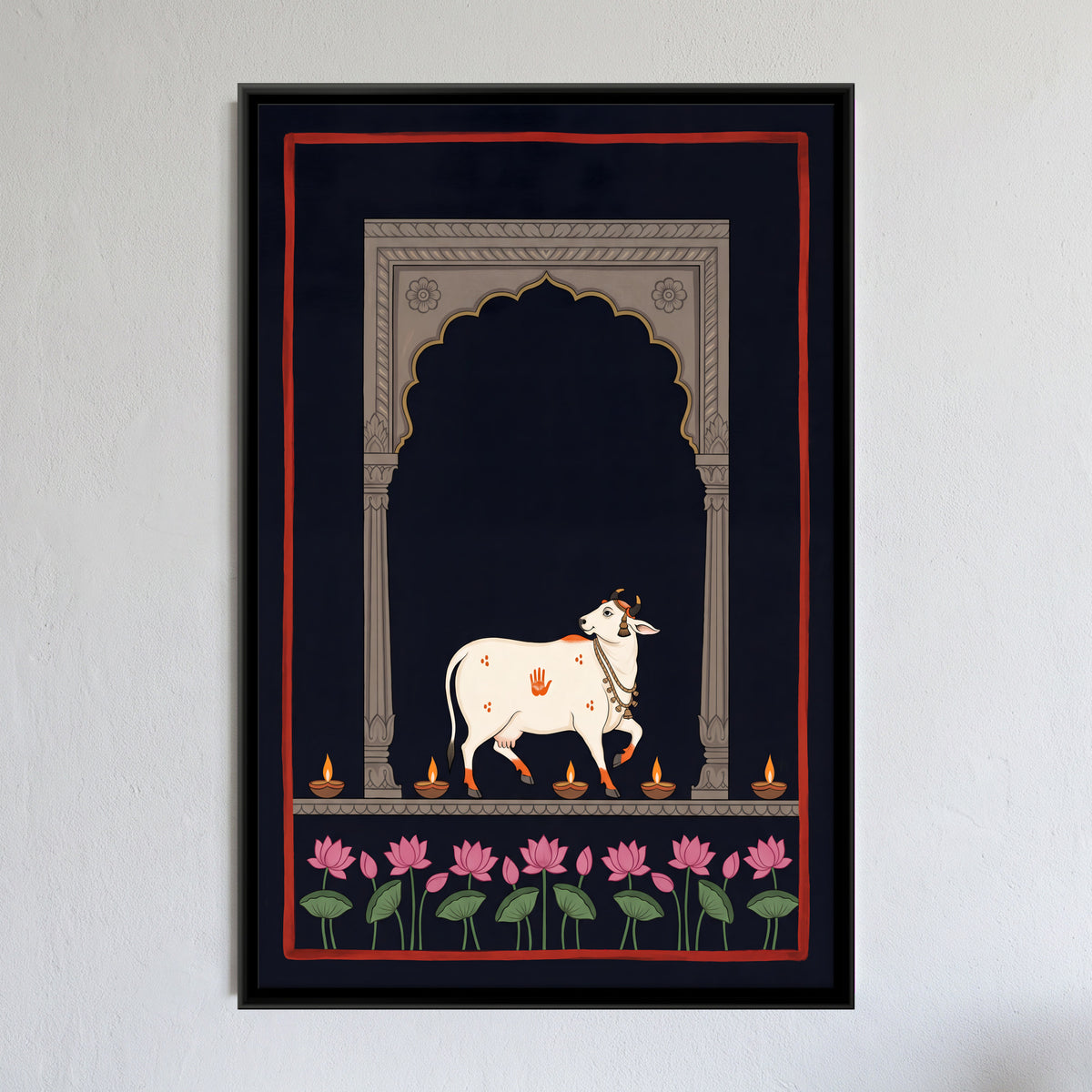 Gau Mata in a Lamplit Arch - framed canvas art hung on a wall