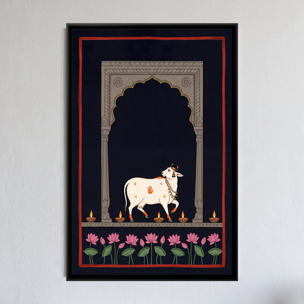 Sacred White Cow in a Lamplit Arch
