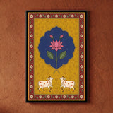 Lotus in Blue Cartouche with Two Cows Below in Terracotta