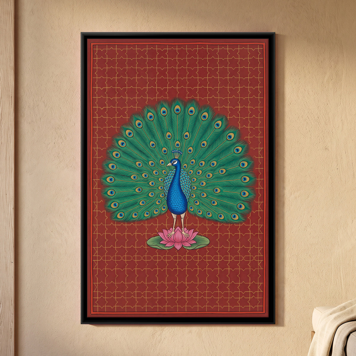 Peacock on a Lotus - framed canvas art hung on a wall