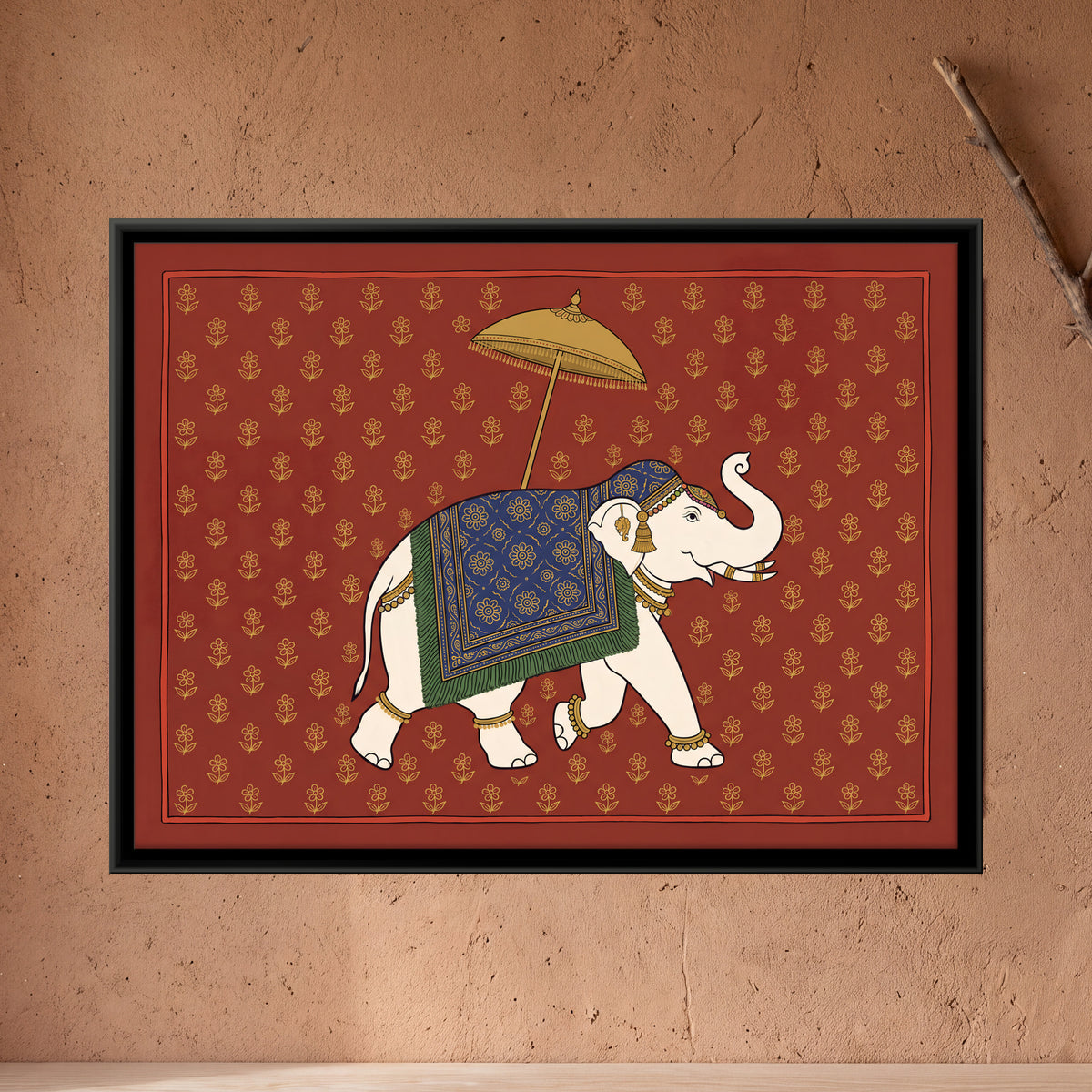 White Elephant with a Golden Parasol - framed canvas art hung on a wall
