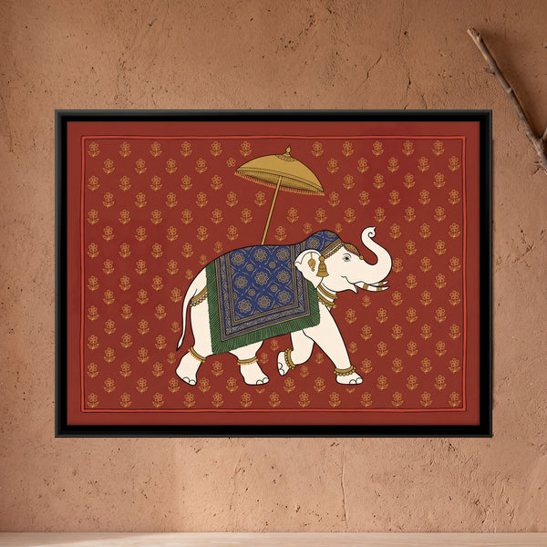 Caparisoned White Elephant with a Golden Parasol