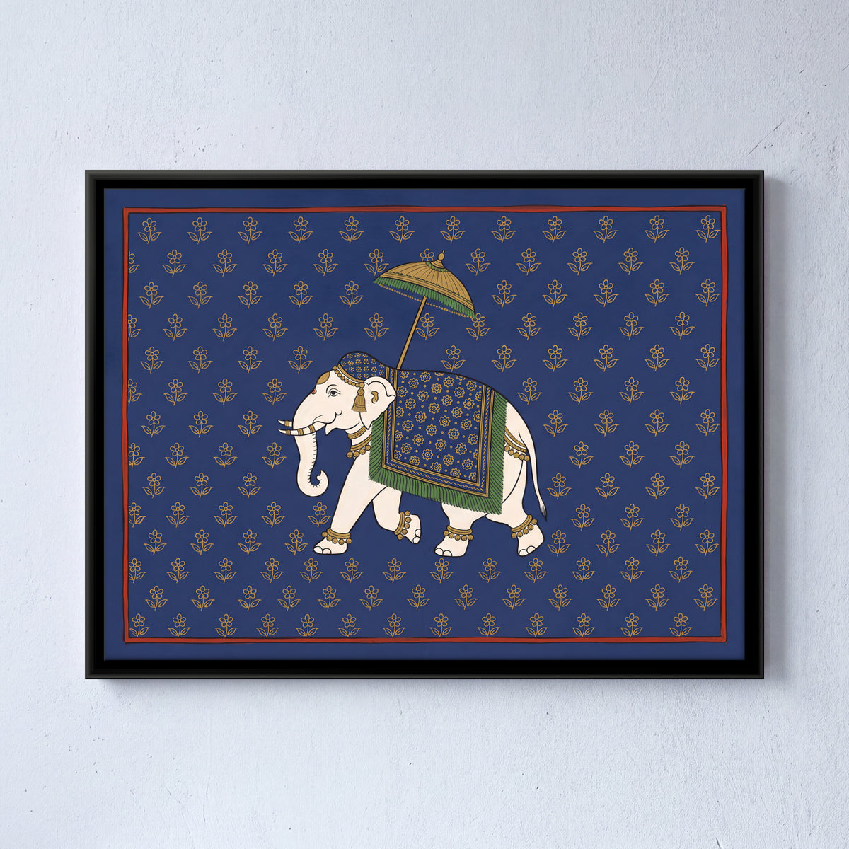 Elephant Under a Parasol - framed canvas art hung on a wall