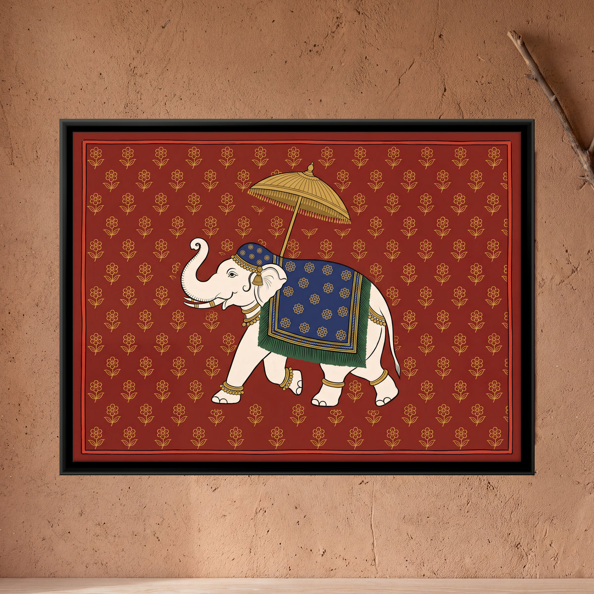 Elephant Under a Parasol - framed canvas art hung on a wall