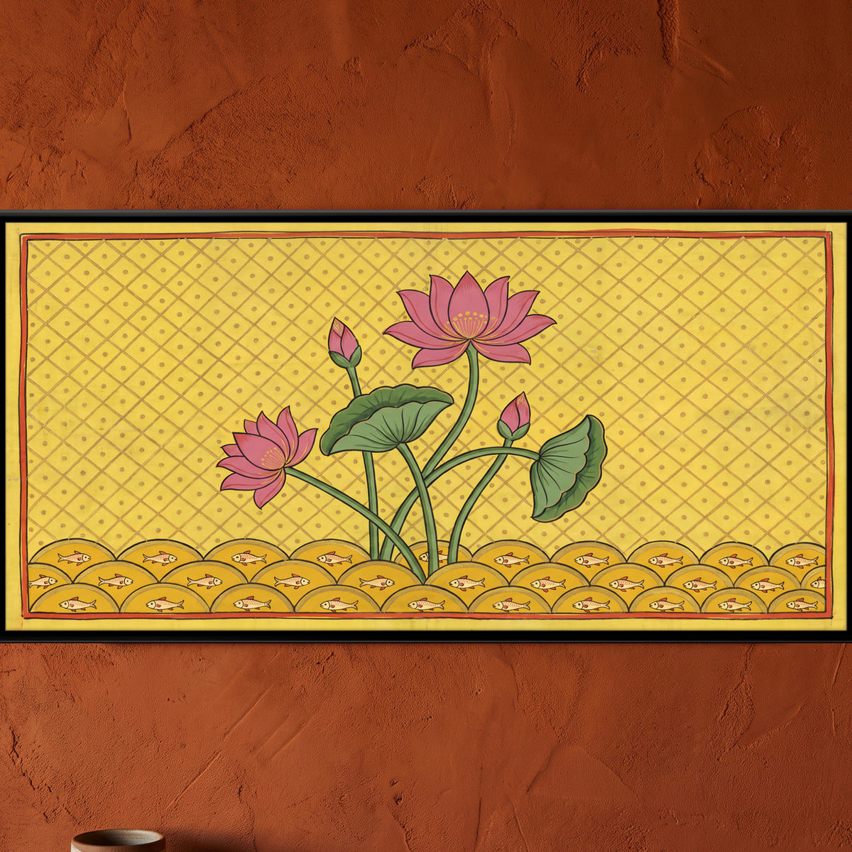 Lotus Pond with Fish - framed canvas art hung on a wall