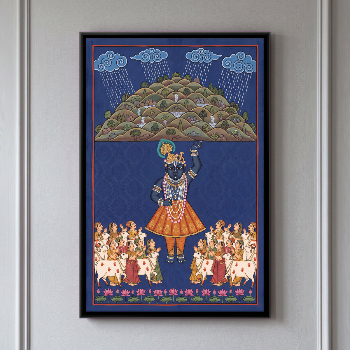 Shrinathji Lifting Govardhan Hill - framed canvas art hung on a wall
