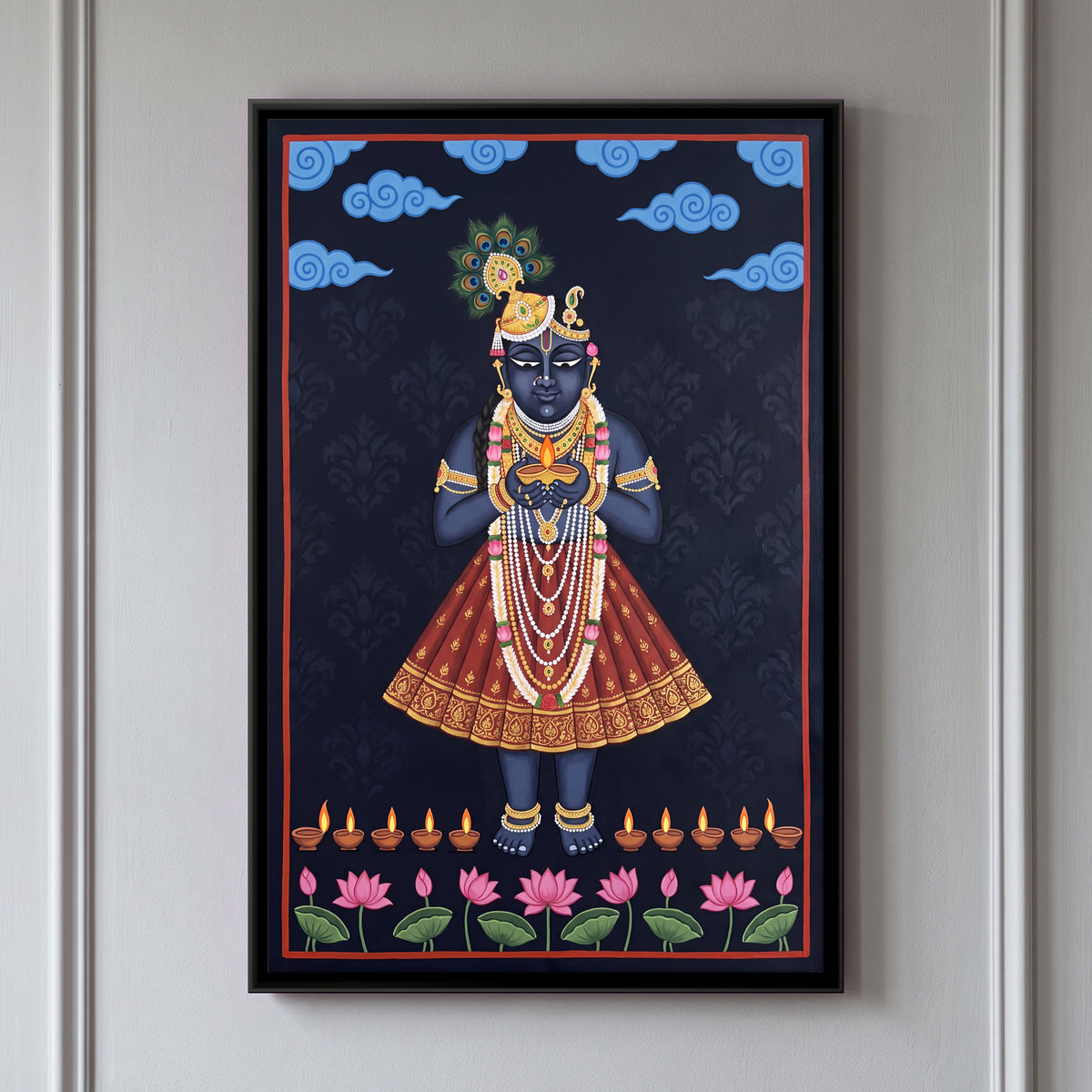 Shrinathji with Oil Lamps - framed canvas art hung on a wall