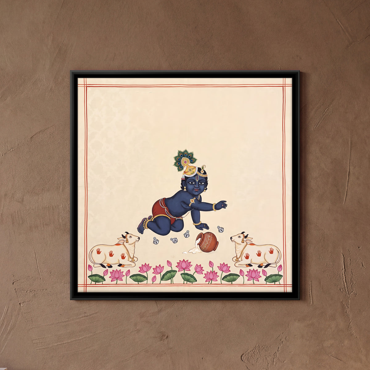Baby Krishna and the Butter Pot - framed canvas art hung on a wall