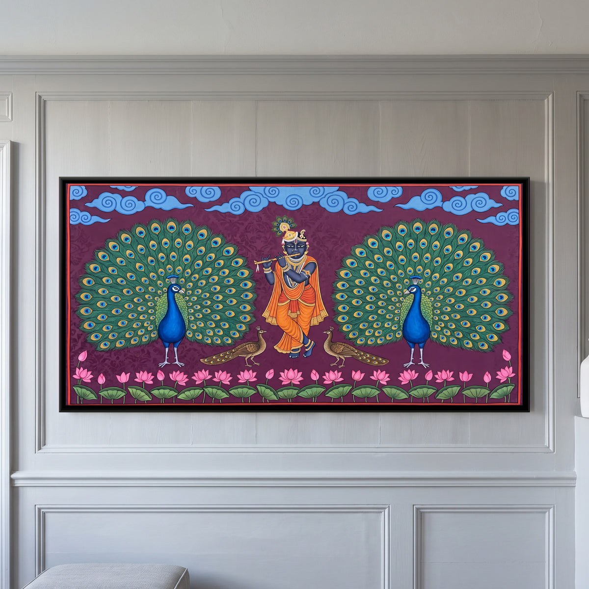 Krishna with Dancing Peacocks - framed canvas art hung on a wall