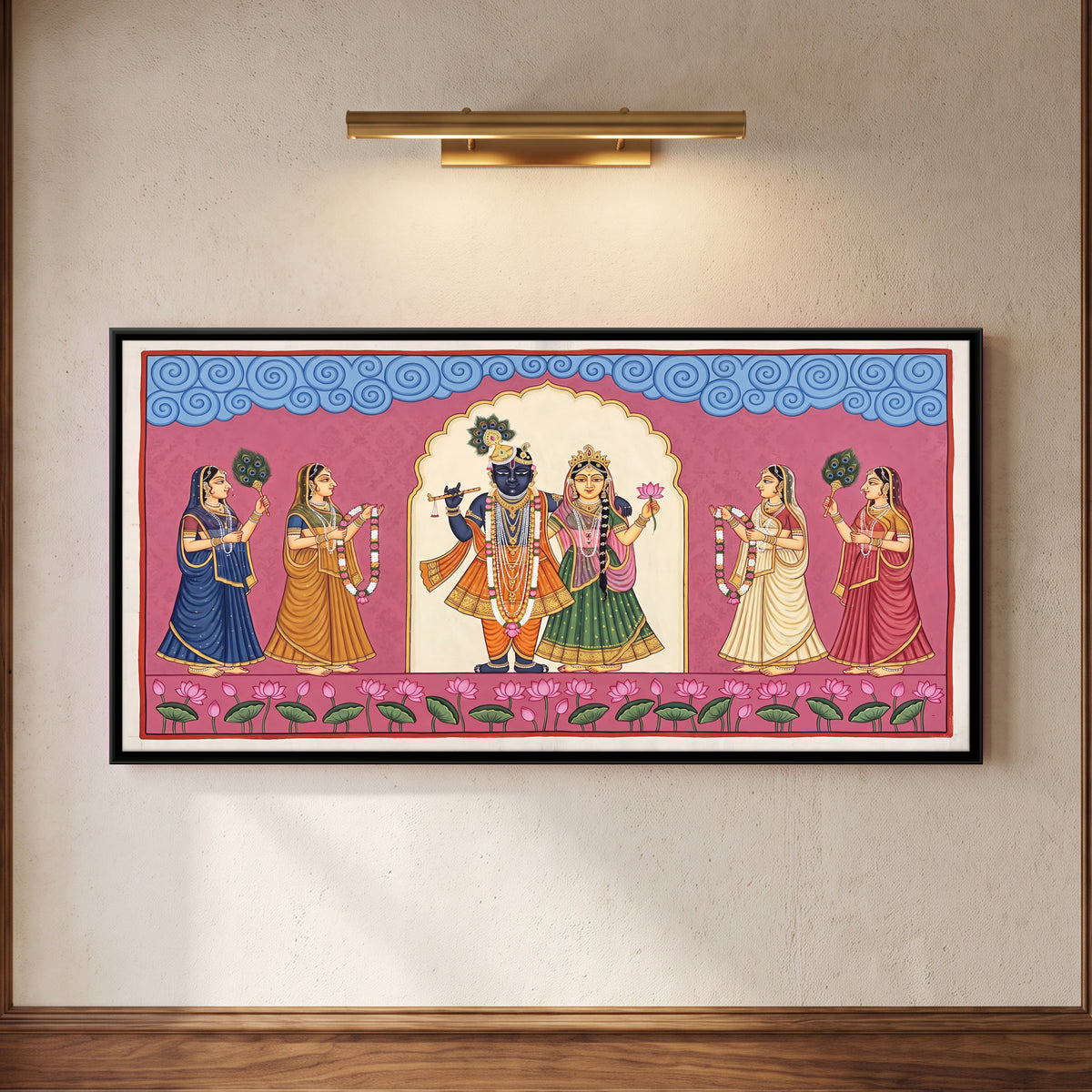 Radha and Krishna with Gopis - framed canvas art hung on a wall