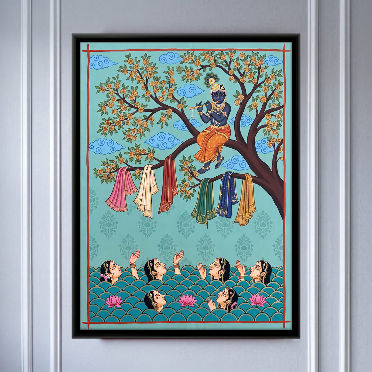 Krishna Takes the Gopis' Garments - framed canvas art hung on a wall