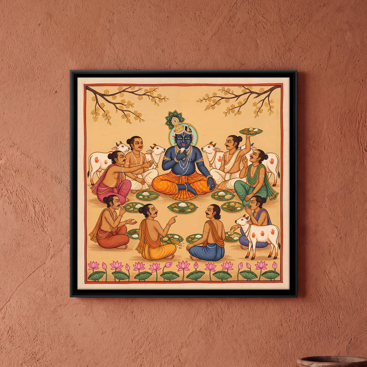 Krishna's Forest Feast with Cowherds - framed canvas art hung on a wall
