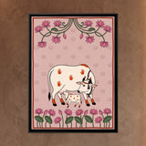 White Cow Nursing Calf Among Lotuses