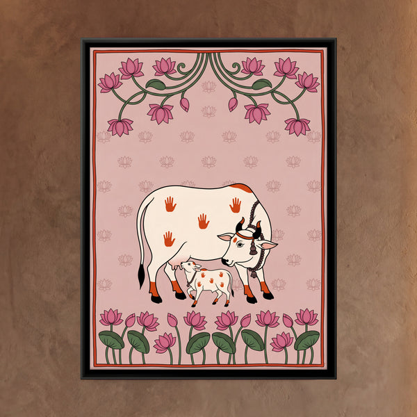 White Cow Nursing Calf Among Lotuses