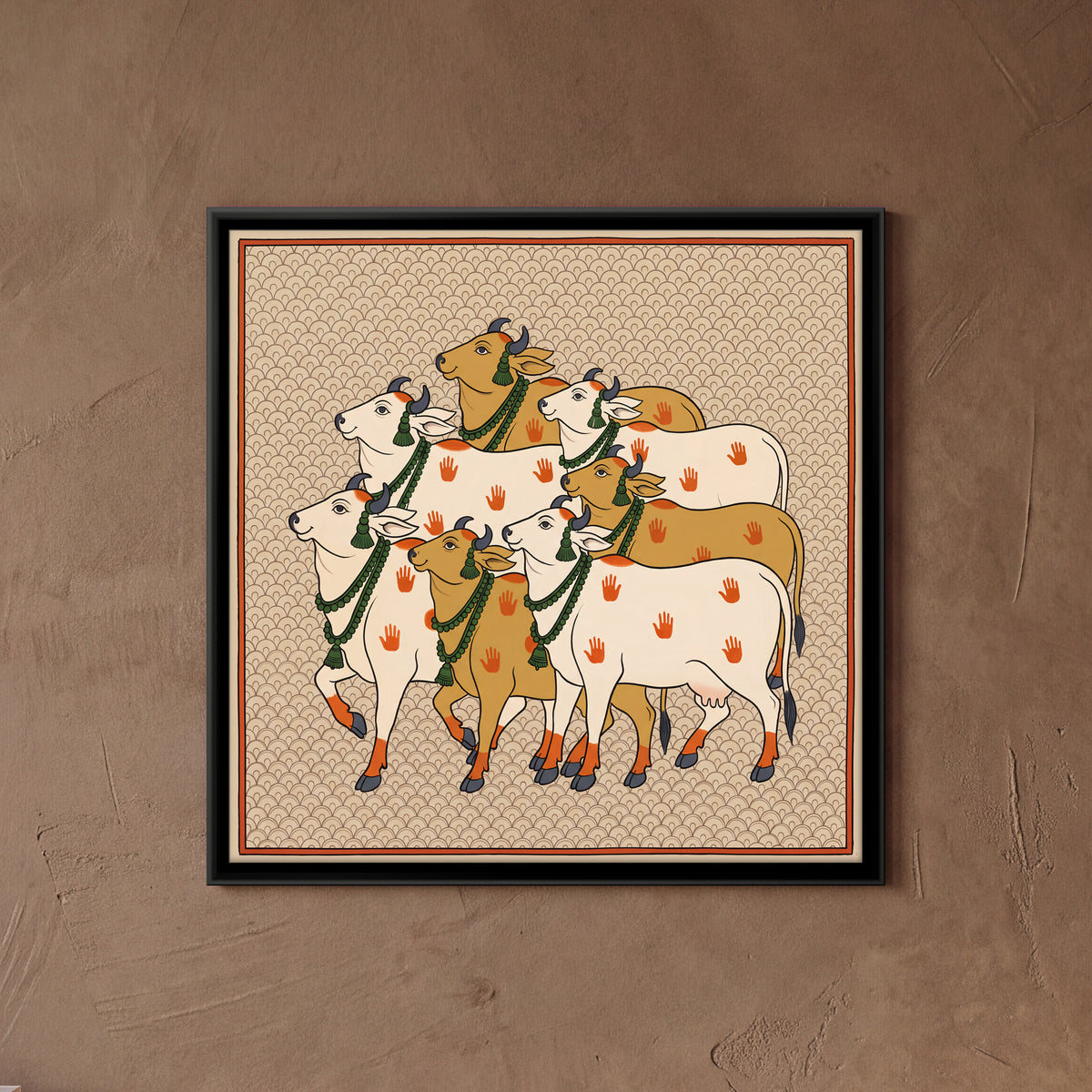 Herd of Garlanded Cows - framed canvas art hung on a wall
