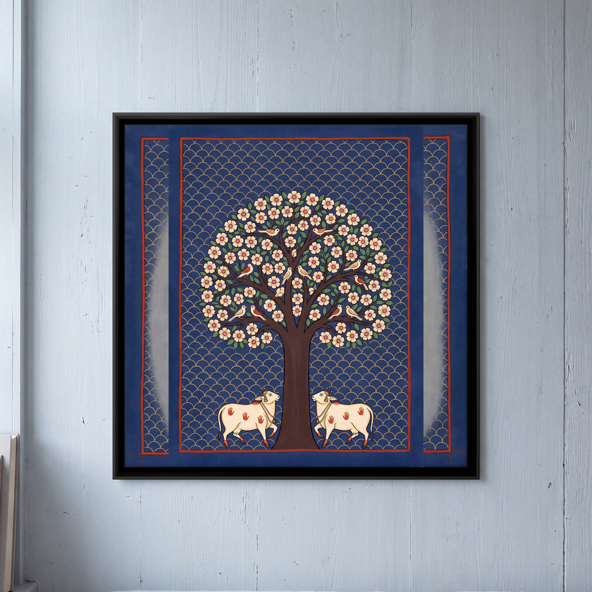 Tree of Life with Cows - framed canvas art hung on a wall