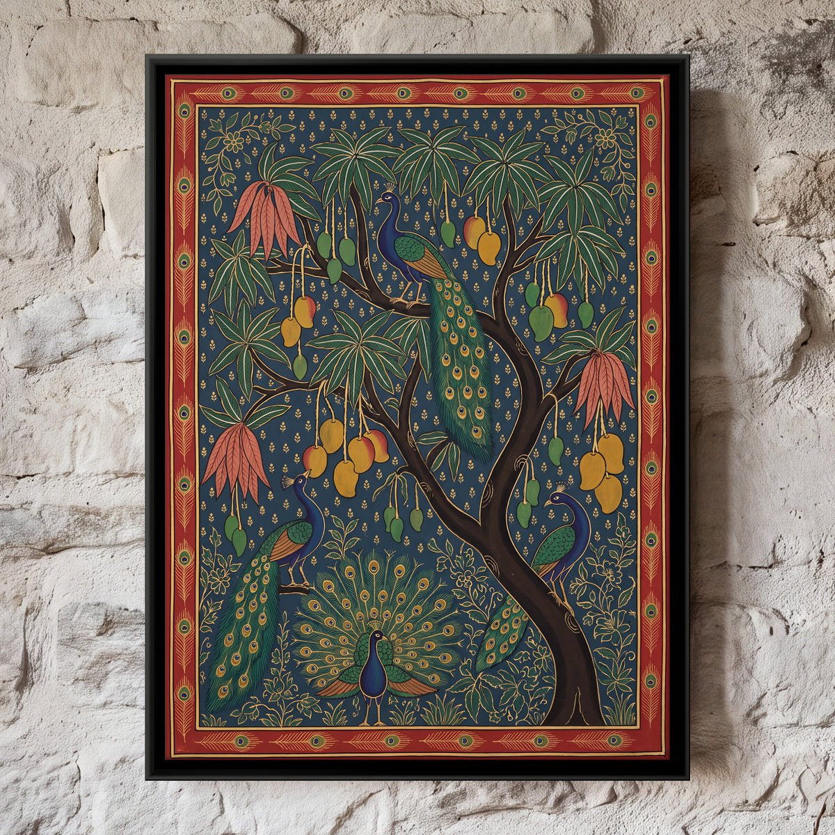 Peacocks in a Mango Tree - framed canvas art hung on a wall