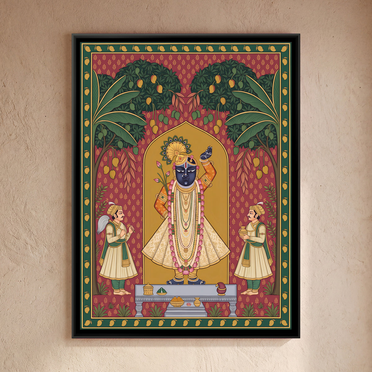 Shrinathji with Attendants Beneath Mango Trees - framed canvas art hung on a wall
