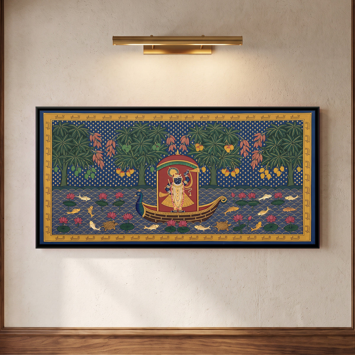 Shrinathji on a Boat - framed canvas art hung on a wall