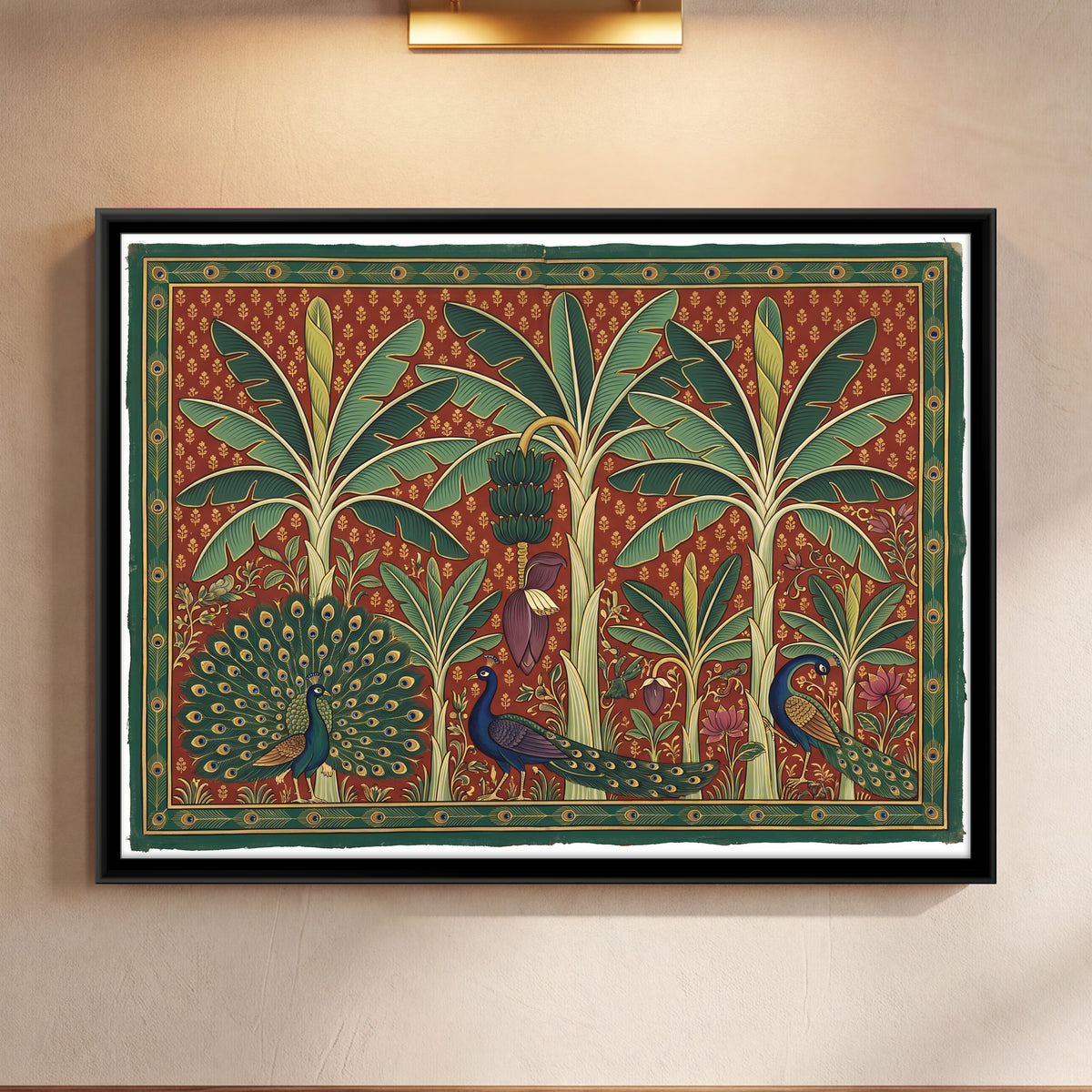 Peacocks in a Banana Grove - framed canvas art hung on a wall