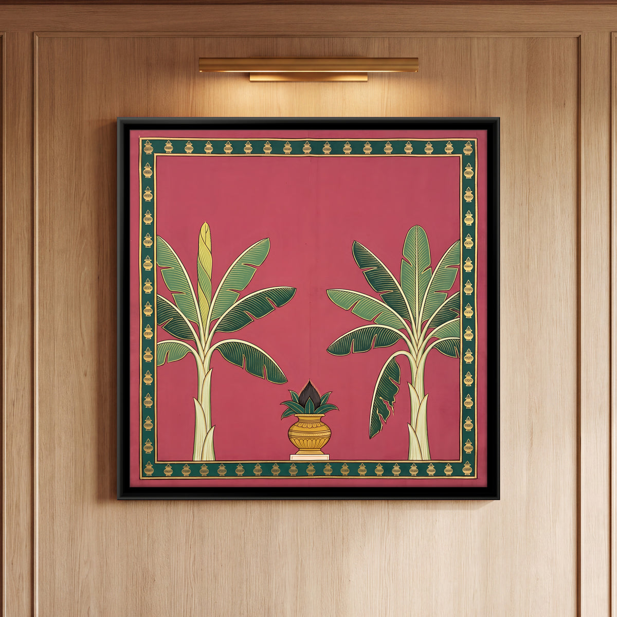 Kalash Between Banana Trees - framed canvas art hung on a wall