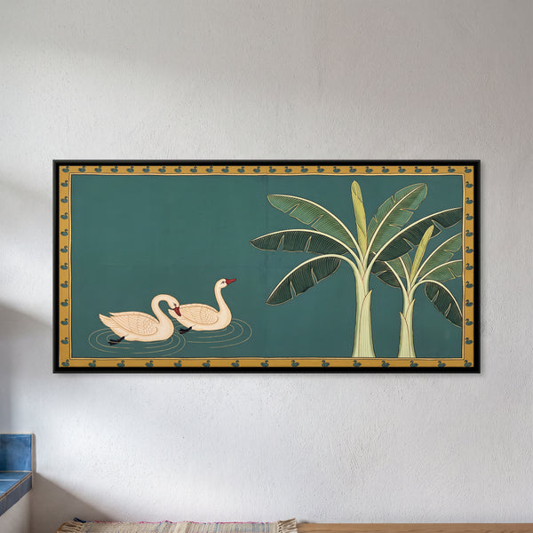 Two Swans on Water Beside Banana Trees