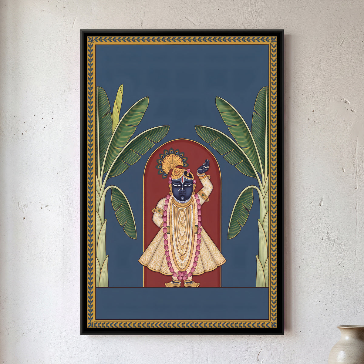 Shrinathji Between Two Banana Trees - framed canvas art hung on a wall