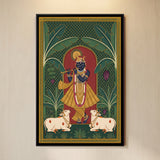 Shri Krishna Playing Flute with Cows and Banana Trees