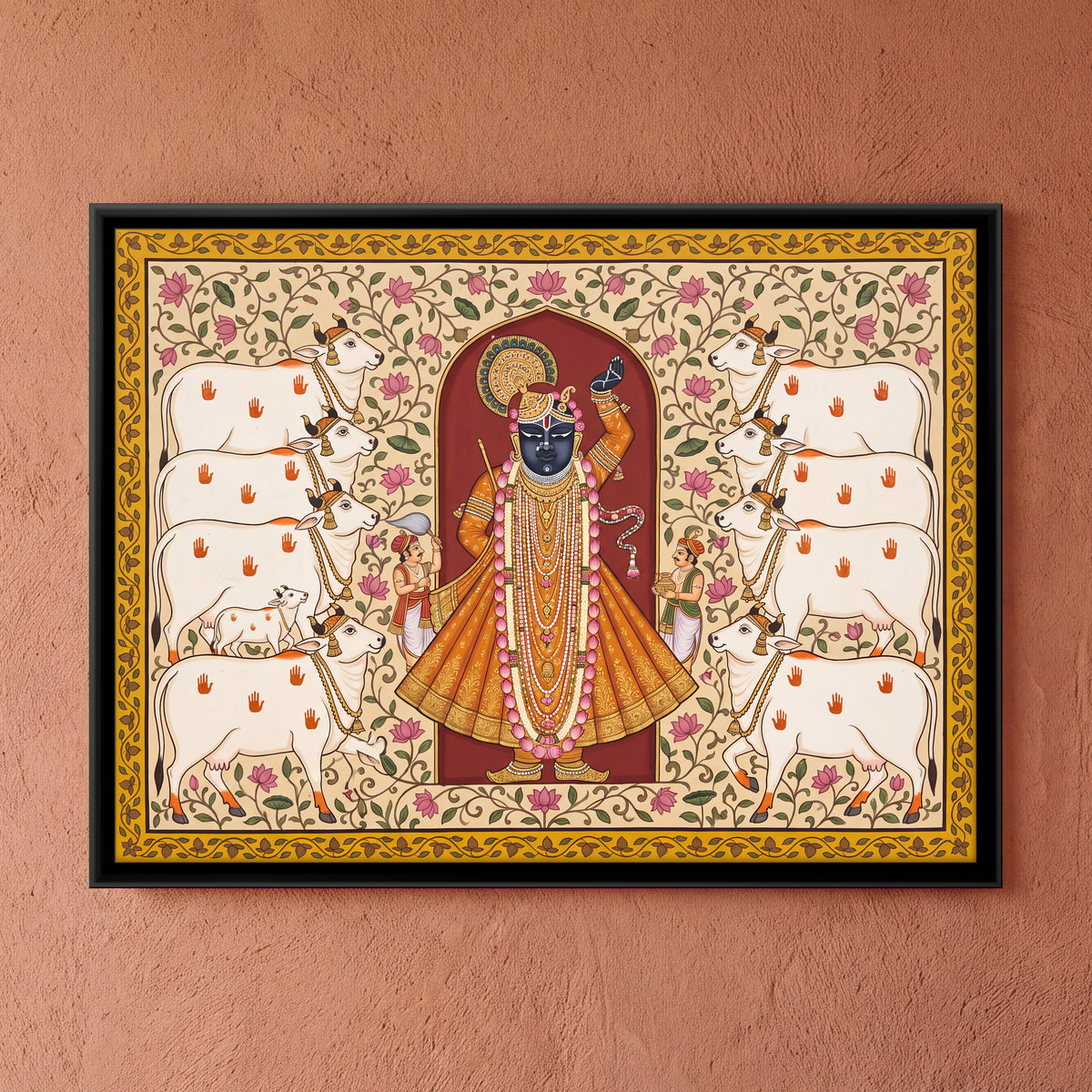 Shrinathji with Cows - framed canvas art hung on a wall