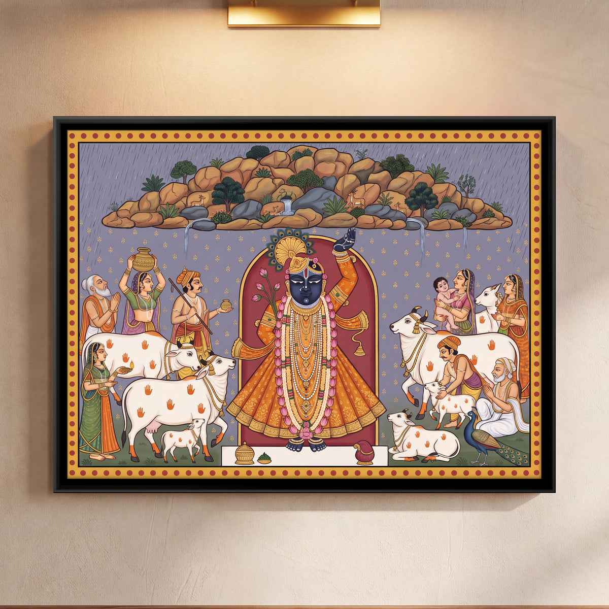 Shrinathji Lifting Govardhan Hill - framed canvas art hung on a wall
