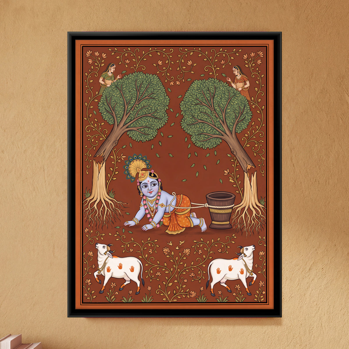 Baby Krishna and the Mortar - framed canvas art hung on a wall