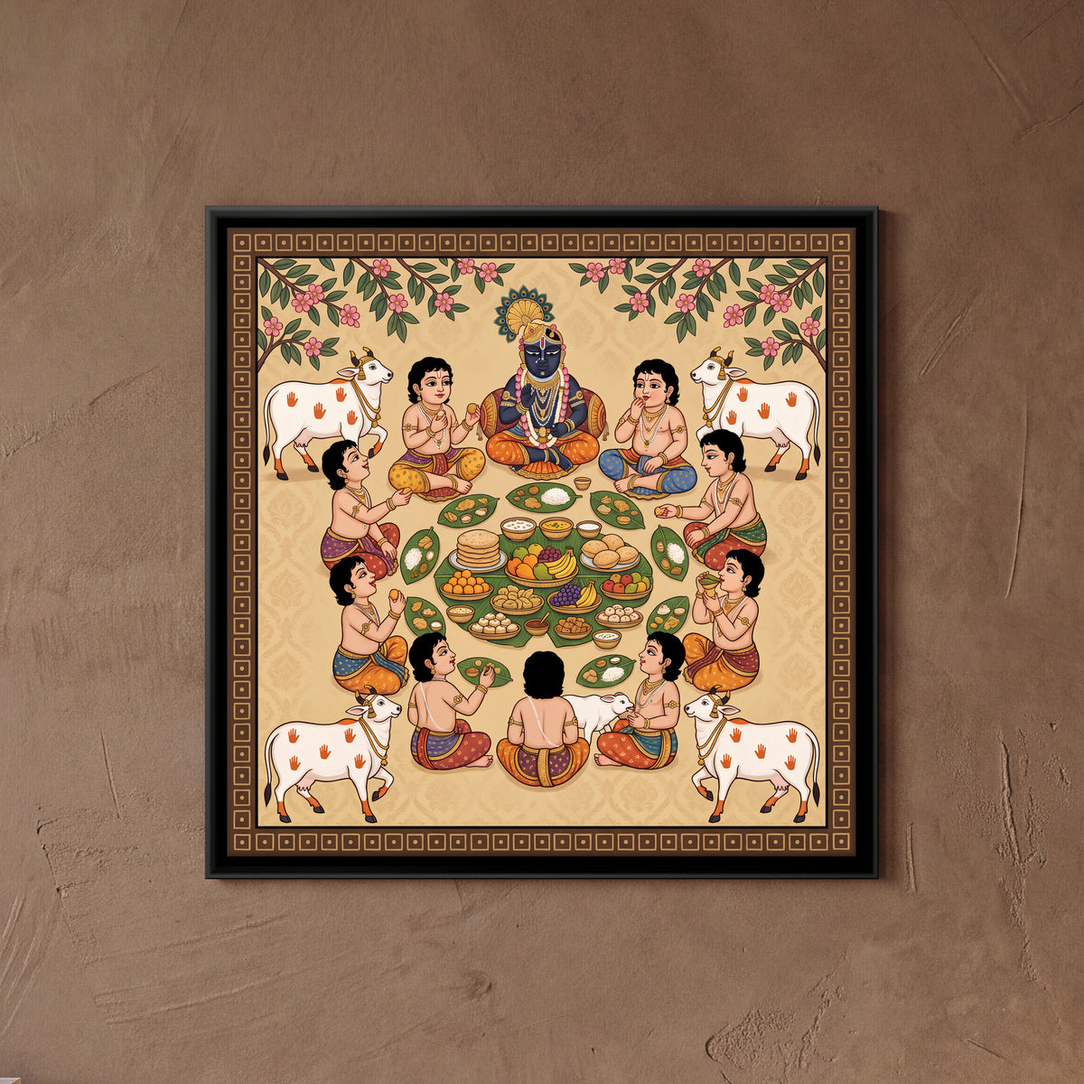 Krishna Feasting with the Cowherd Boys - framed canvas art hung on a wall