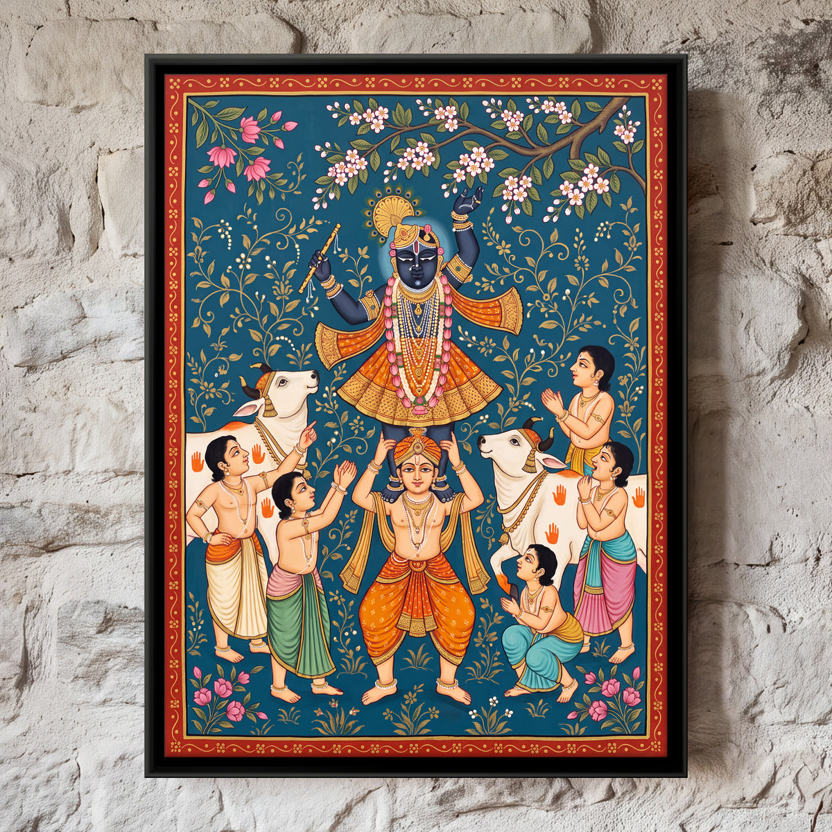 Krishna on a Cowherd's Shoulders - framed canvas art hung on a wall