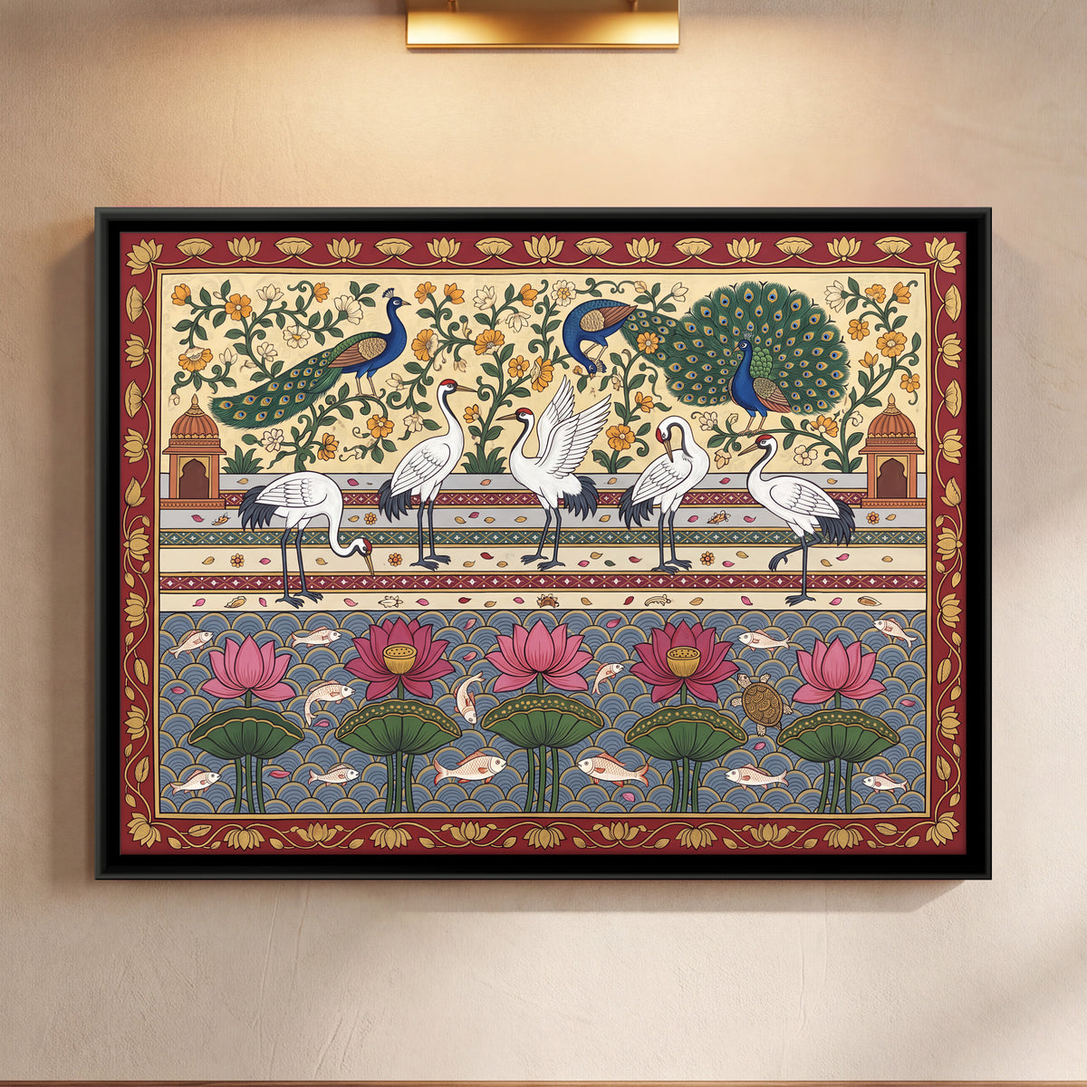 Peacocks and Cranes with Lotus - framed canvas art hung on a wall