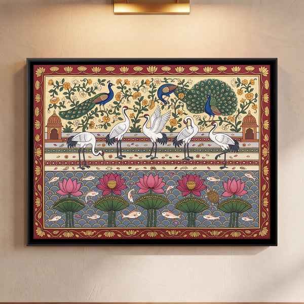 Two Bands Showing Peacocks Above and Cranes in Lotus Below