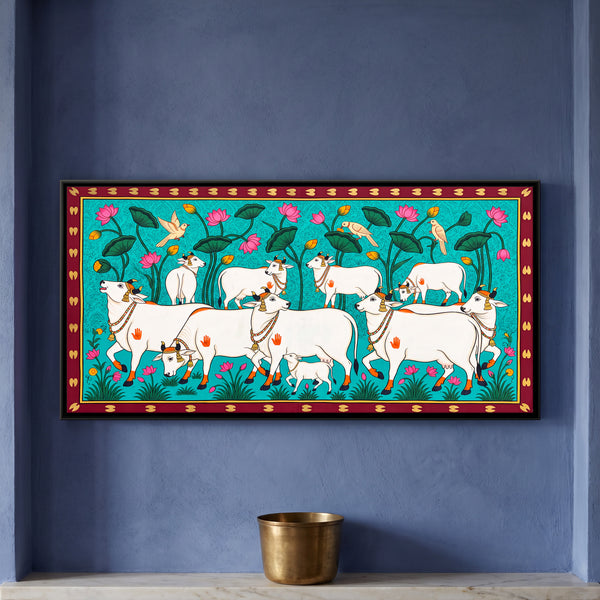 Herd of White Cows and Calves near a Lotus Pond