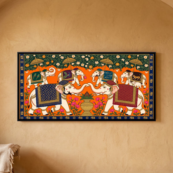 Two Caparisoned Elephants Facing a Kalash