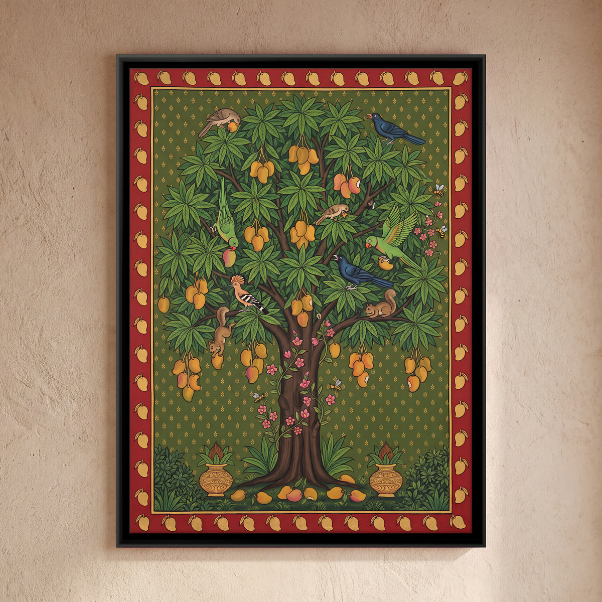 Mango Tree with Birds - framed canvas art hung on a wall