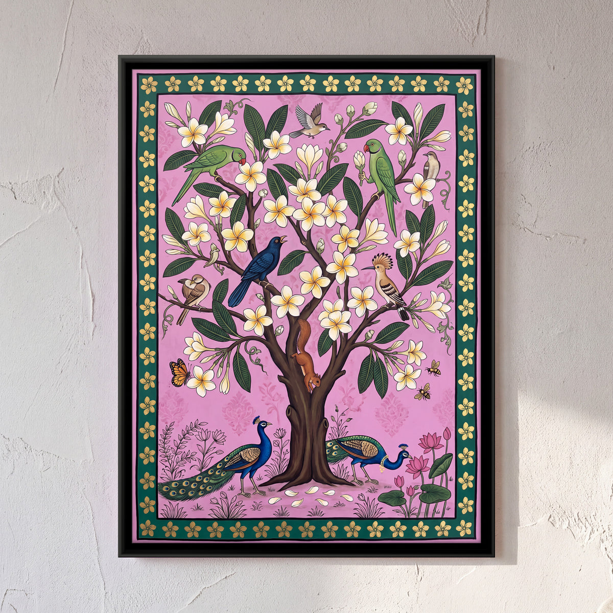 Frangipani Tree with Peacocks - framed canvas art hung on a wall