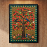 Red Blossom Tree with Birds and Peacocks