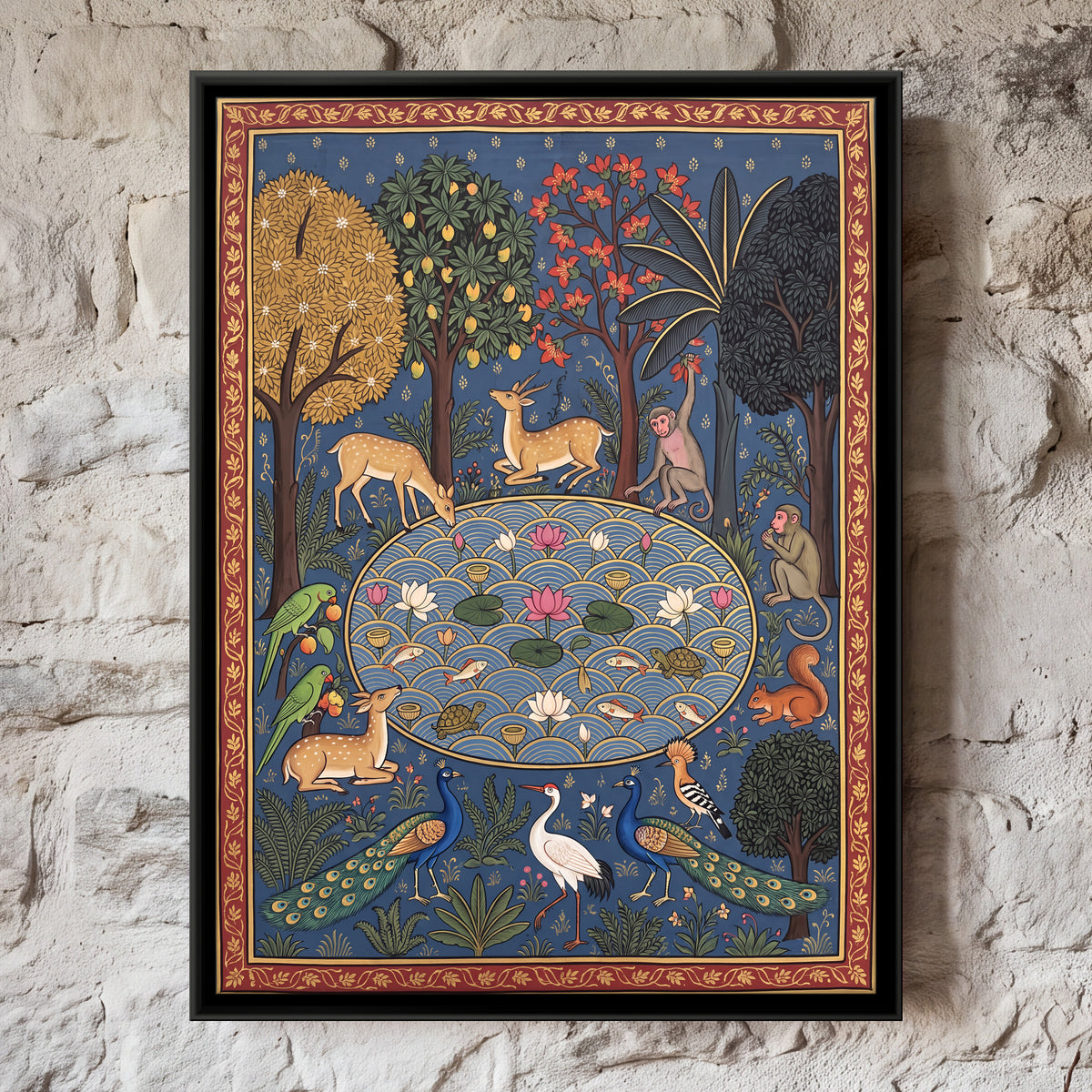 Animals Around a Lotus Pool - framed canvas art hung on a wall