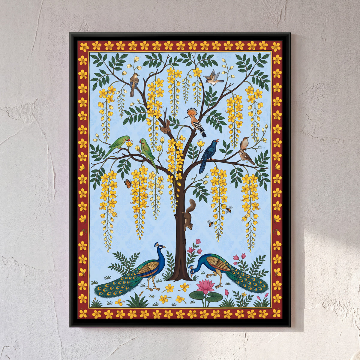 Laburnum Tree with Peacocks - framed canvas art hung on a wall