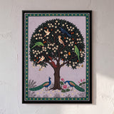 White Blossom Tree with Peacocks and Birds in Pearl
