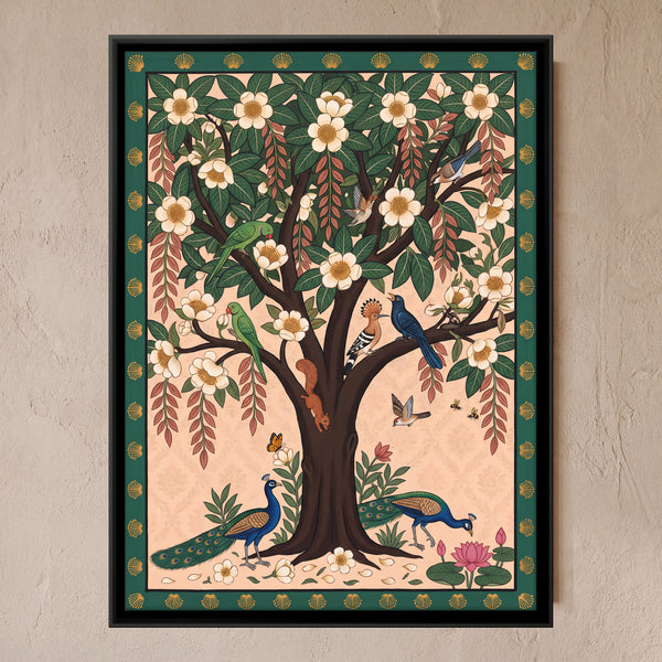White Blossom Tree with Peacocks and Birds in Sand