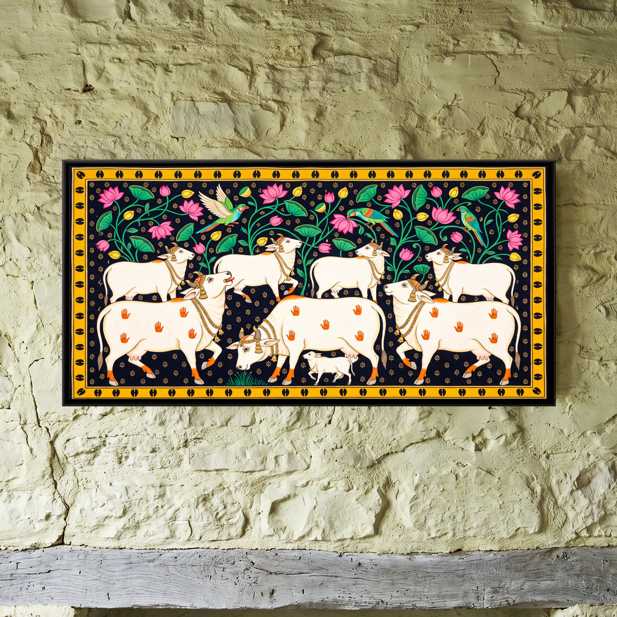 Herd of White Cows - framed canvas art hung on a wall