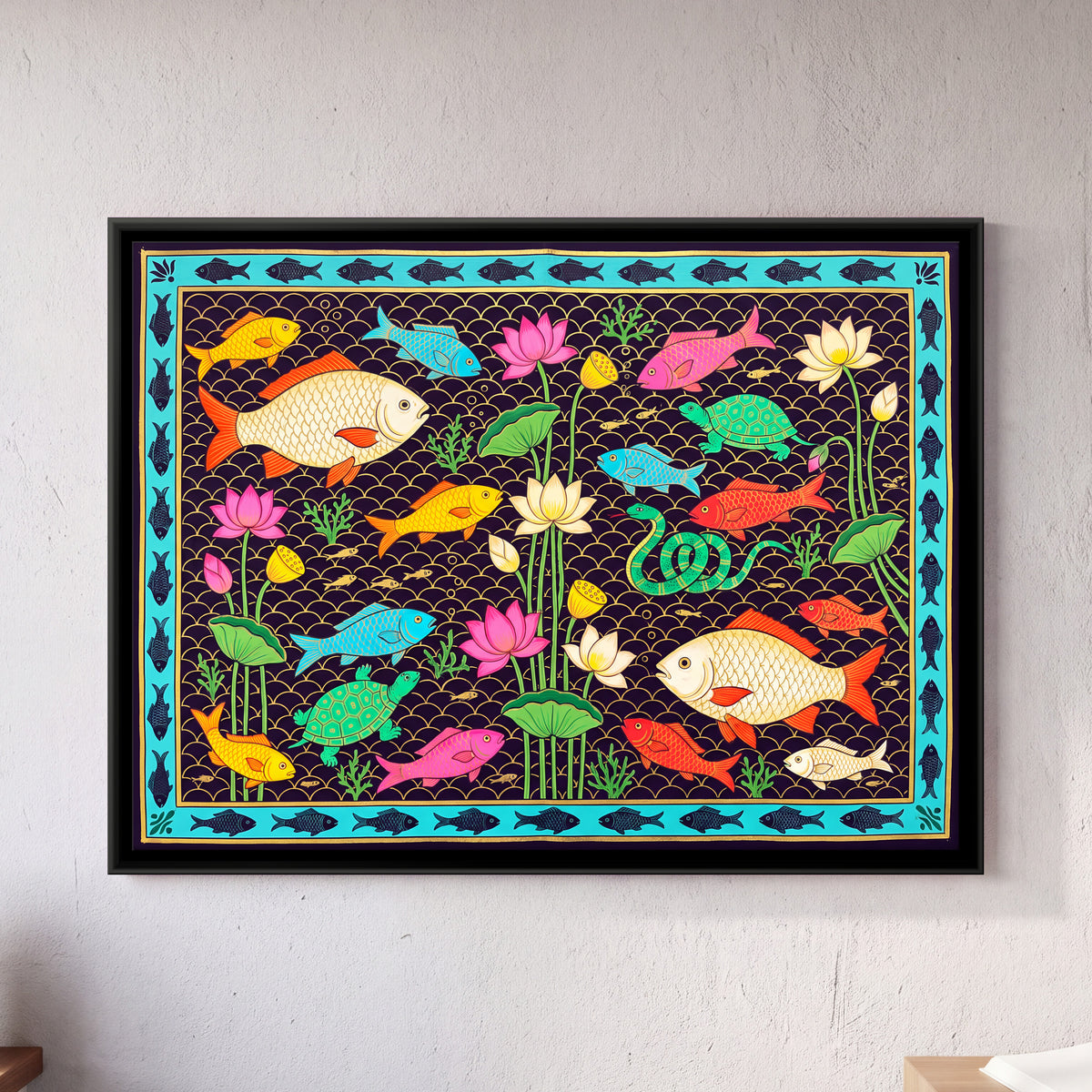 Fish and Turtles Among Lotus - framed canvas art hung on a wall
