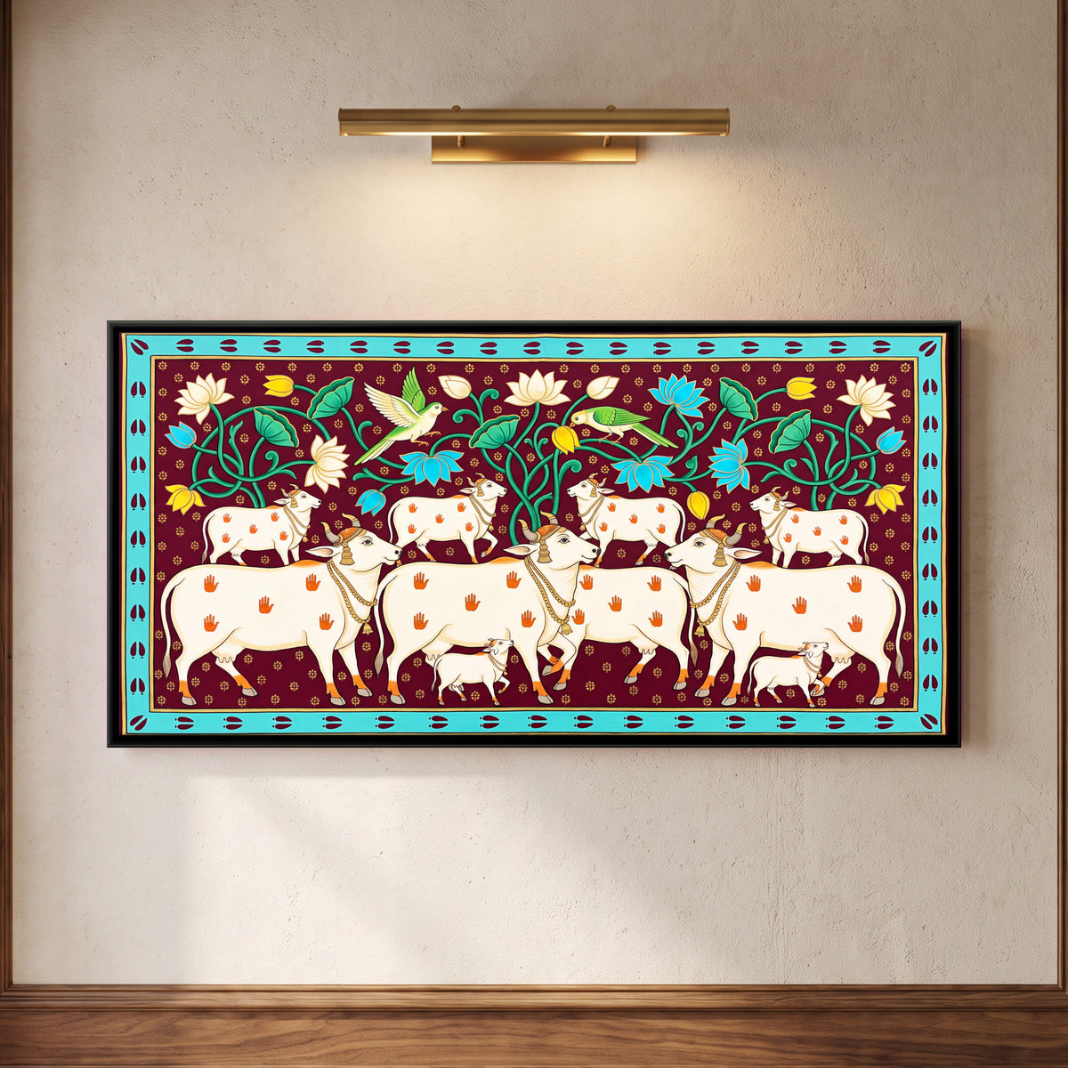 Herd of White Cows - framed canvas art hung on a wall